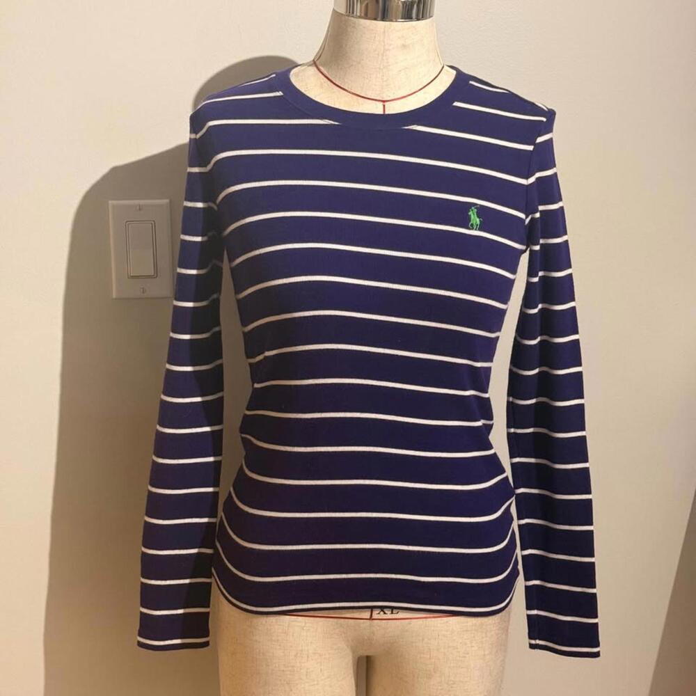 Ralph Lauren Sport Long Sleeve Crewneck Ribbed Purple and White Striped Womens S